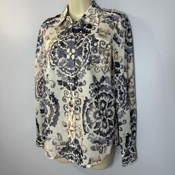 Tory Burch Brigitte Blue Floral Print  Cotton Long-Sleeve Button-Up Blouse Sz 4 - Picture 4 of 12